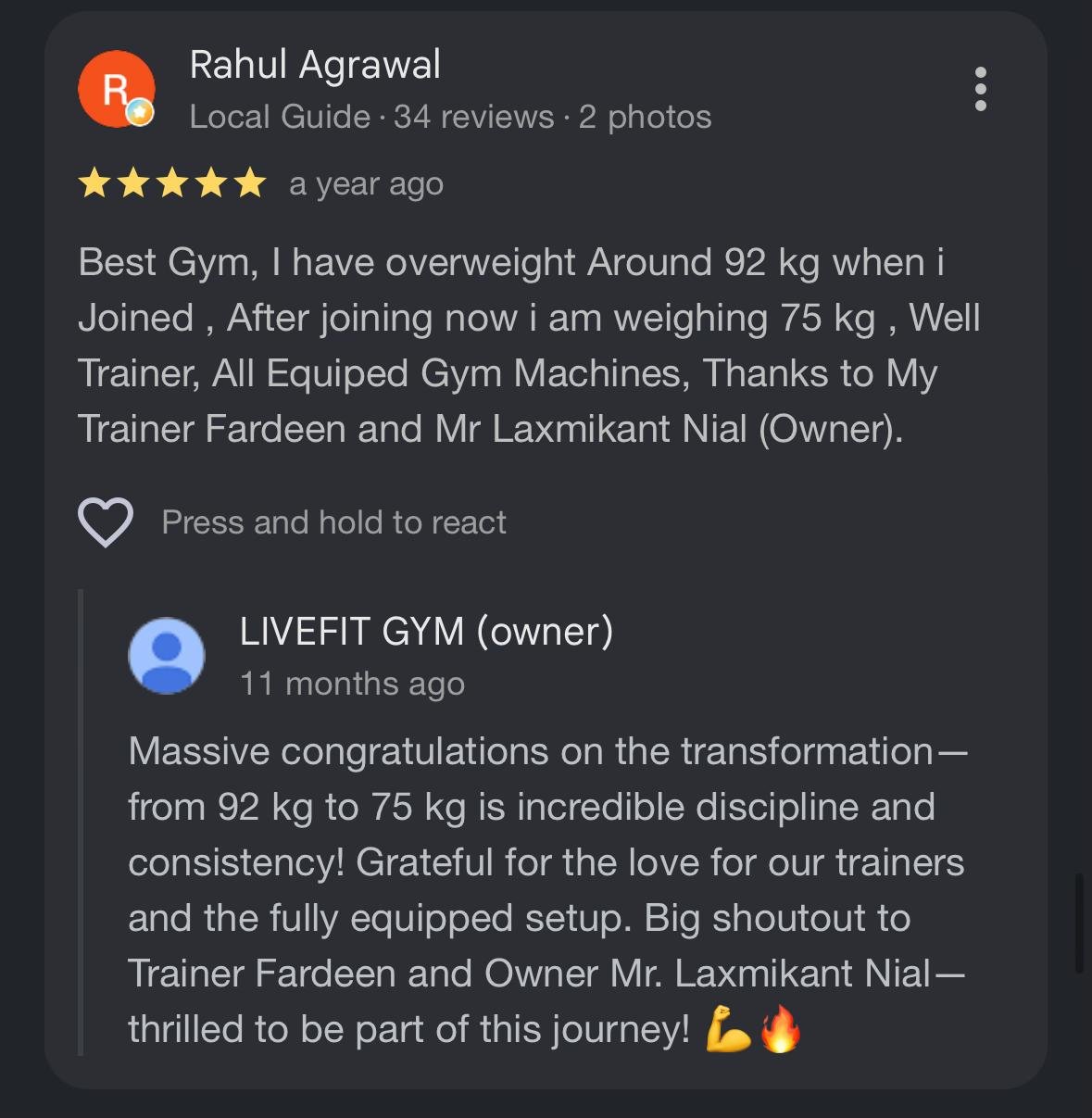 Google review from Livefit member